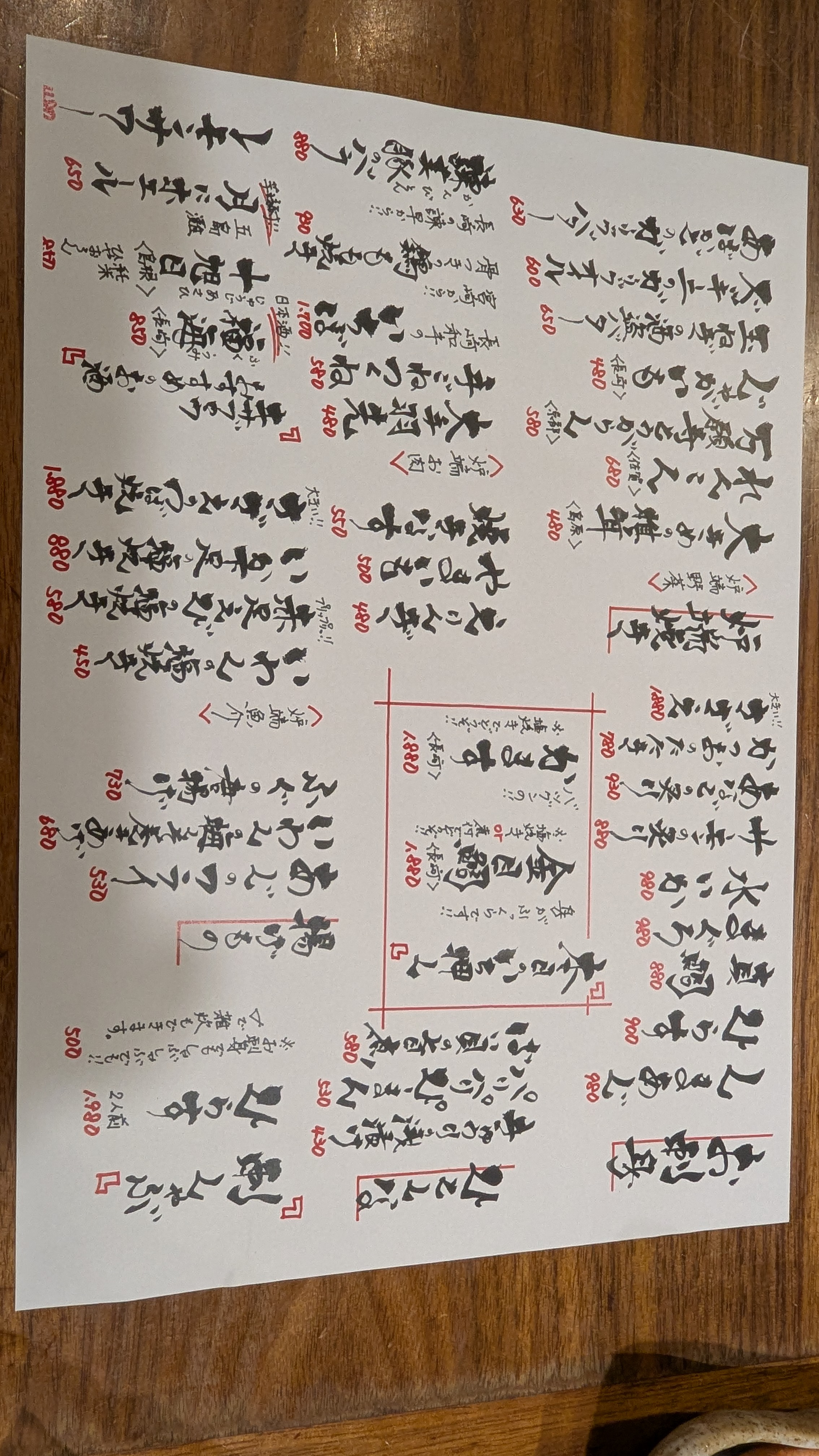 炉端亜紗喜三郎の手書きメニュー
